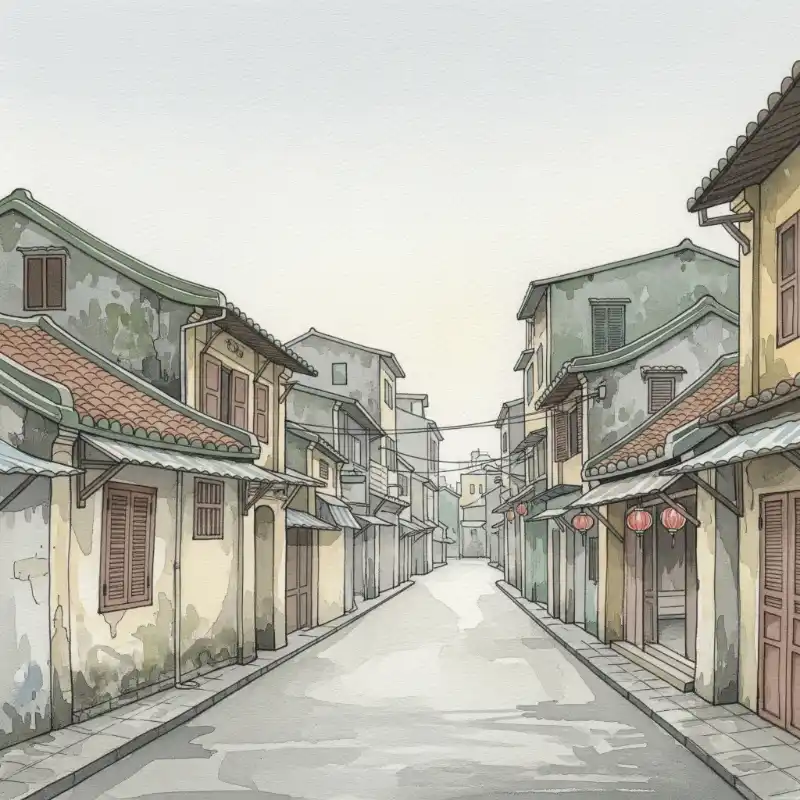 Tranh Phố Cổ Hà Nội lối đi kiến trúc cổ yên bình.