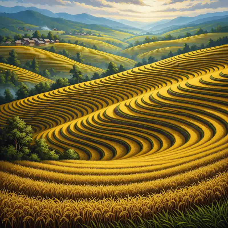 98+ Tranh ruộng bậc thang mùa lúa chín - Ý nghĩa phong thủy 39 Tranh ruộng bậc thang mùa lúa chín cánh đồng bậc thang vàng óng ả
