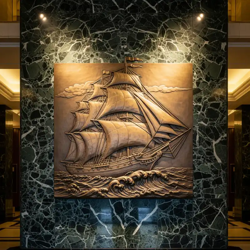 Tranh Thuận Buồm Xuôi Gió phù điêu thuyền buồm trên tường đá