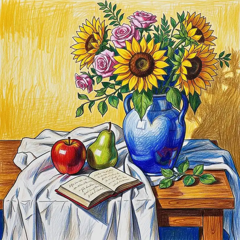 Tranh tĩnh vật hoa hướng dương, trái cây, sách
