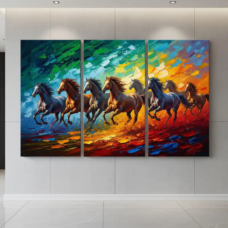 Ý nghĩa tranh Mã Đáo Thành Công cách treo thu hút tài lộc 33 Tranh Mã Đáo Thành Công đàn ngựa phi trên dải màu rực rỡ