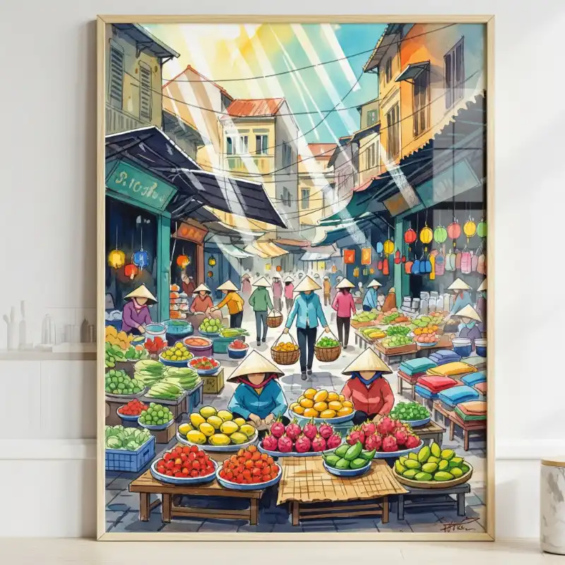 Tranh Phố Cổ Hà Nội chợ phố tấp nập, gánh hàng trái cây.