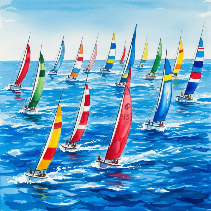 Tranh Thuận Buồm Xuôi Gió nhiều thuyền buồm rực rỡ lướt sóng.