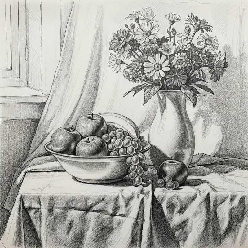 Tranh tĩnh vật bình hoa, quả trên bàn cạnh cửa sổ