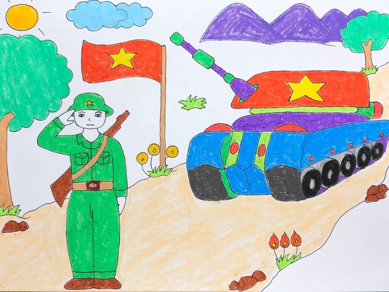 Bức tranh vẽ về ước mơ trở thành người chiến sĩ quân đội nhân dân Việt Nam – một người lính kiên cường, yêu nước và sẵn sàng bảo vệ Tổ quốc để đất nước luôn bình yên và tươi đẹp.