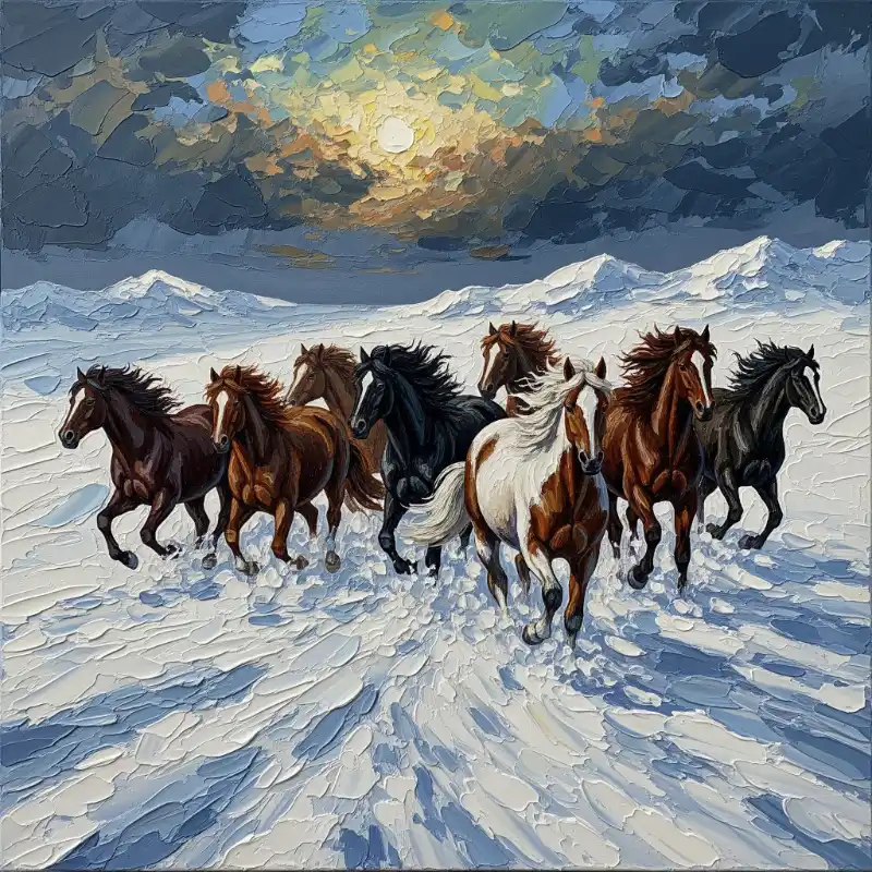 Ý nghĩa tranh Mã Đáo Thành Công cách treo thu hút tài lộc 34 Tranh Mã Đáo Thành Công ngựa phi tuyết dưới nắng chiều