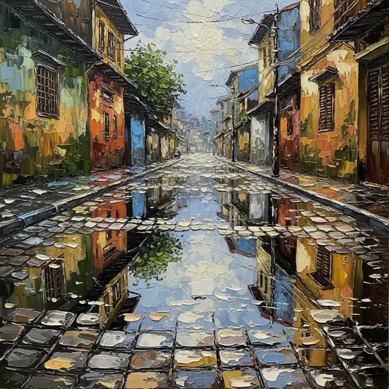 Tranh Phố Cổ Hà Nội hẻm phố sau mưa, đường lấp lánh.