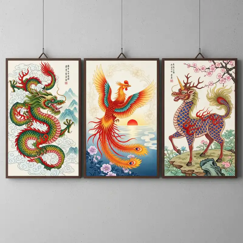 Tranh thờ bộ ba linh vật rồng phượng kỳ lân
