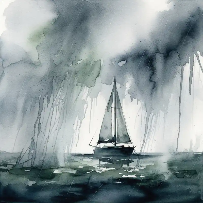 Tranh Thuận Buồm Xuôi Gió thuyền buồm đơn độc giữa mưa bão.