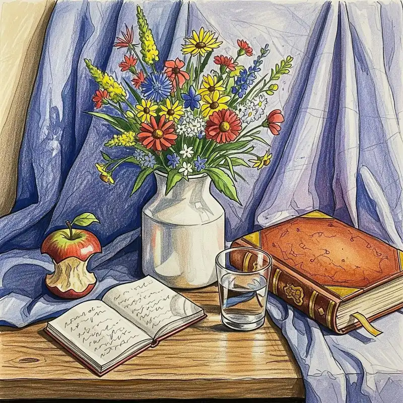 Tranh tĩnh vật hoa, sách, táo trên bàn gỗ