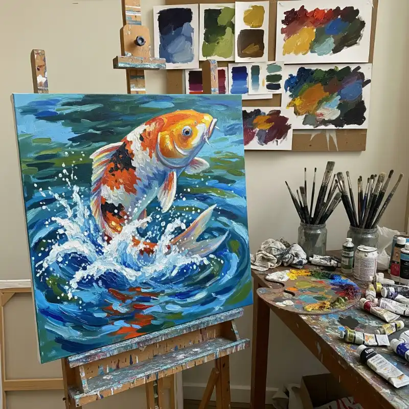 Tranh Cá Chép Cá Chép vọt lên khỏi mặt nước.