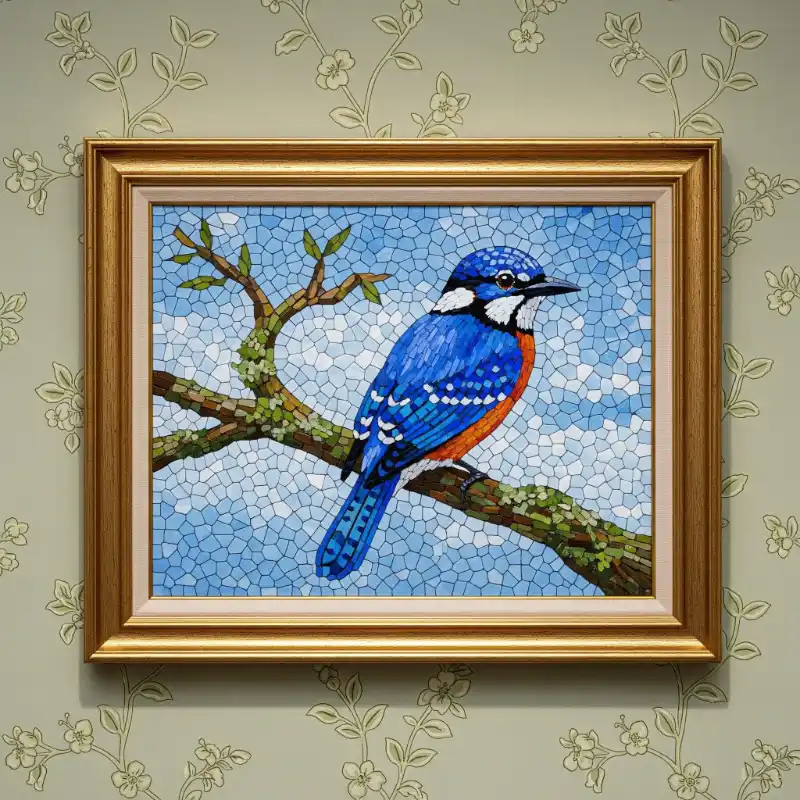 Tranh mosaic chim xanh đậu cành, nền trời
