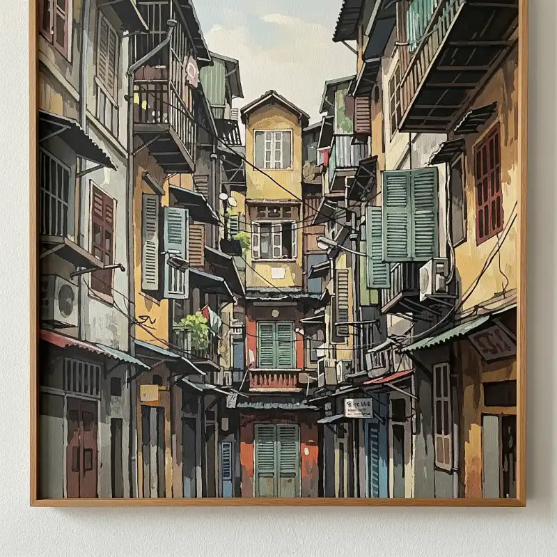 Tranh Phố Cổ Hà Nội hẻm nhỏ, nhà cổ san sát.