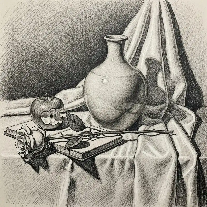 Tranh tĩnh vật lọ hoa, táo, hoa hồng, sách