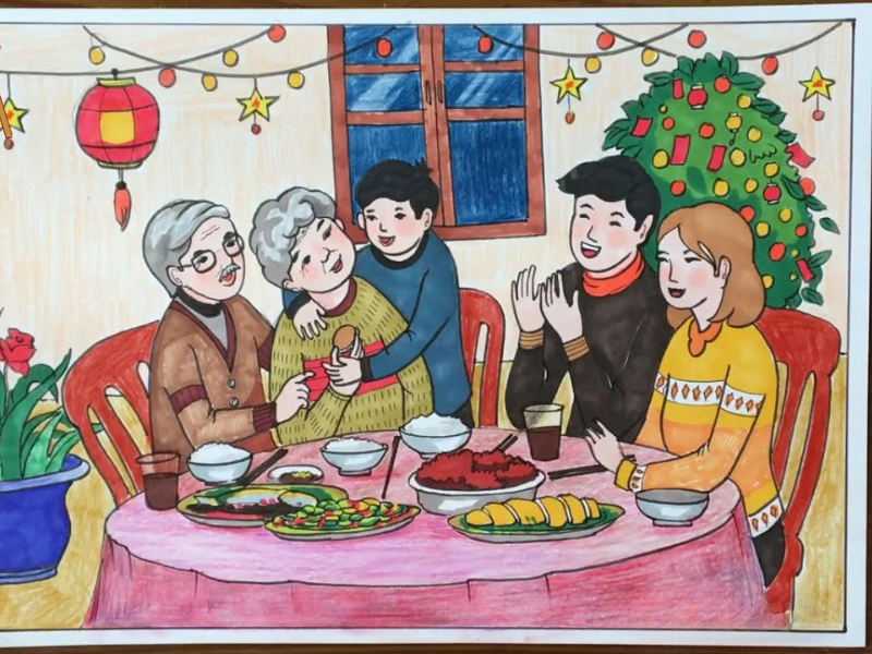 Bức tranh vẽ về ước mơ được sống trong một gia đình đầm ấm, đoàn viên và hạnh phúc — nơi mọi người yêu thương, sum họp và cùng nhau chia sẻ niềm vui trong không khí Tết sum vầy.
