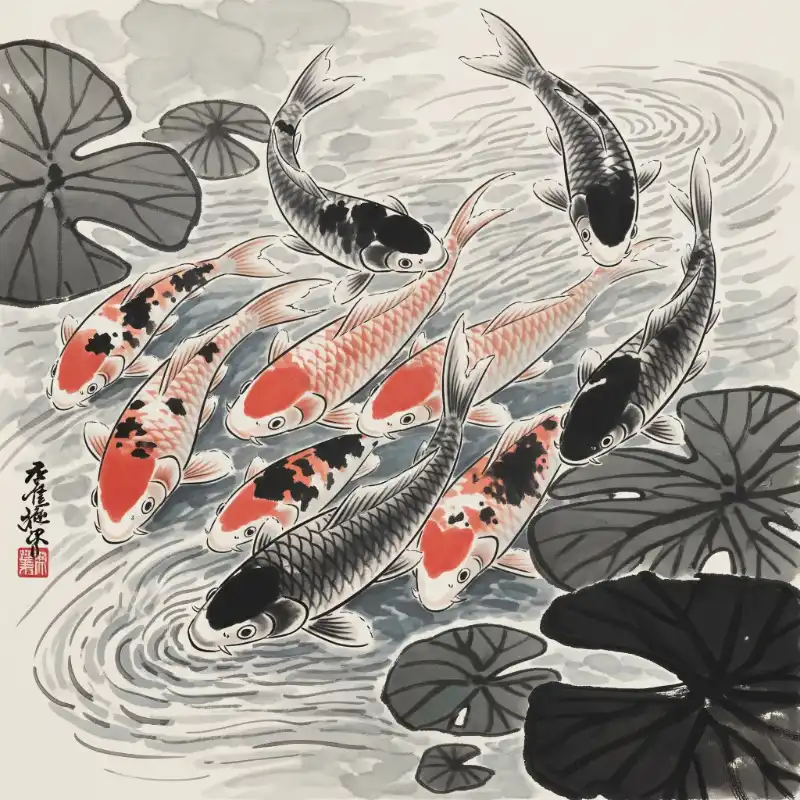 Tranh Cá Chép bầy cá bơi quanh lá sen.