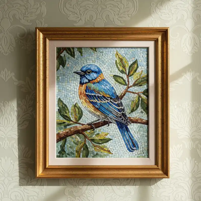 Tranh mosaic chim nhiều màu đậu cành lá