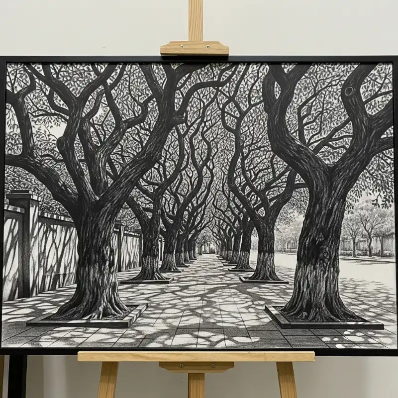 Tranh Phố Cổ Hà Nội con đường rợp bóng cây cổ thụ.