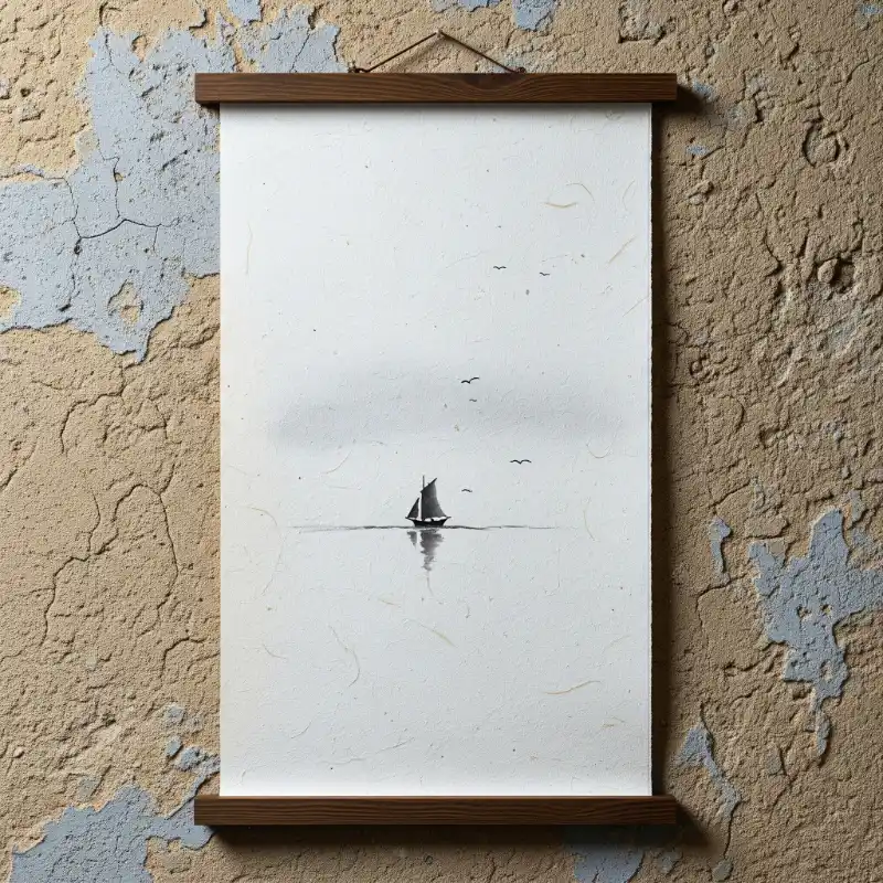 Tranh Thuận Buồm Xuôi Gió thuyền buồm tối giản trên cuộn giấy.