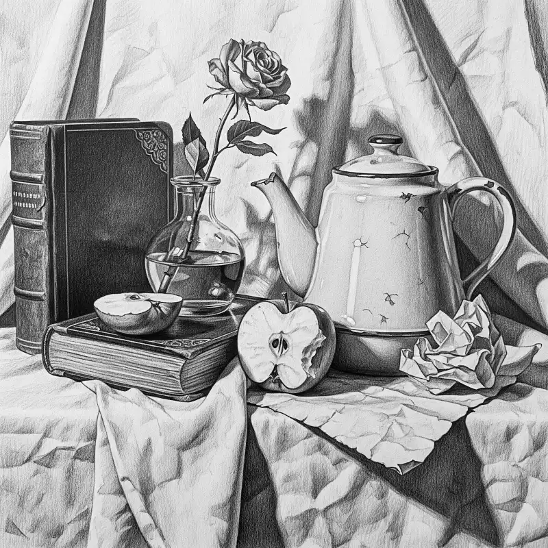 Tranh tĩnh vật sách, ấm trà, táo, hoa hồng