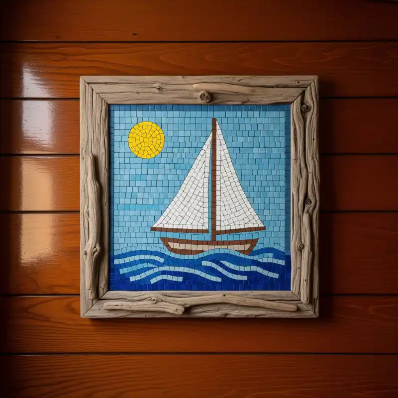 Tranh mosaic thuyền buồm trên biển xanh