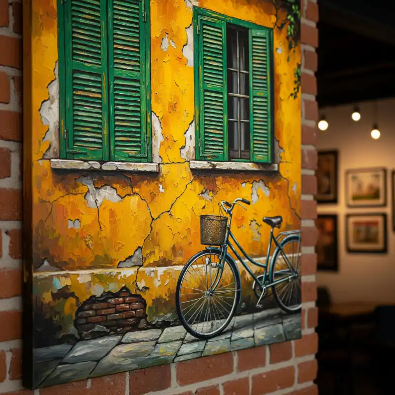 Tranh Phố Cổ Hà Nội tường vàng bong tróc, xe đạp cổ.