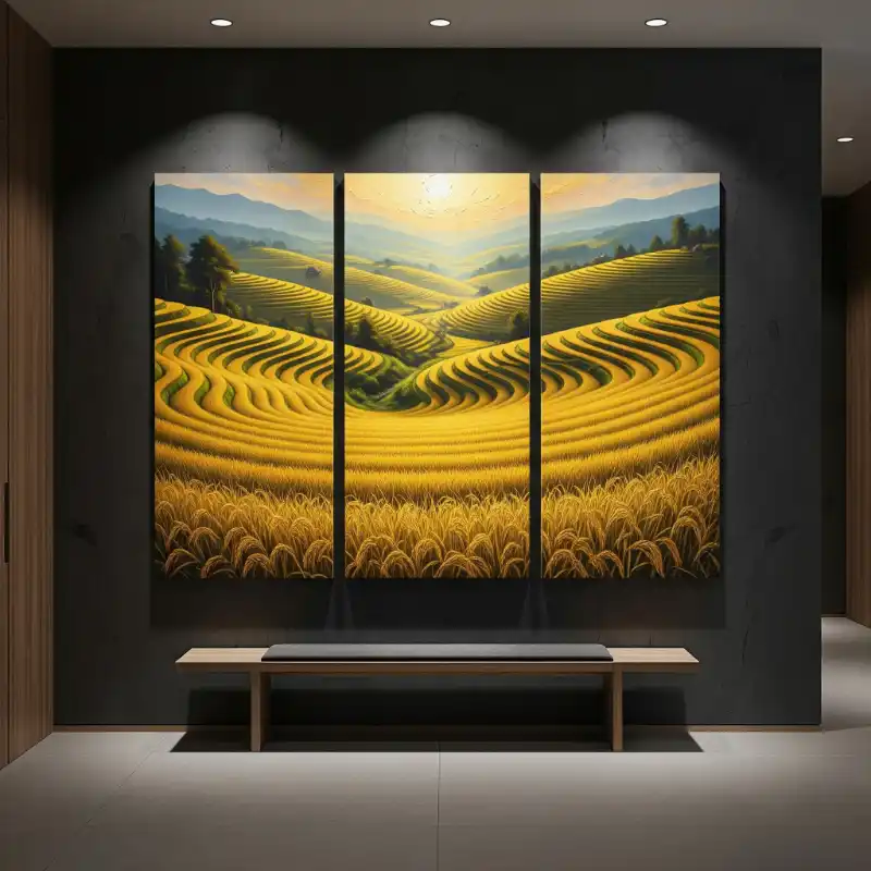98+ Tranh ruộng bậc thang mùa lúa chín - Ý nghĩa phong thủy 44 Tranh ruộng bậc thang mùa lúa chín ba bức tranh đồng lúa vàng