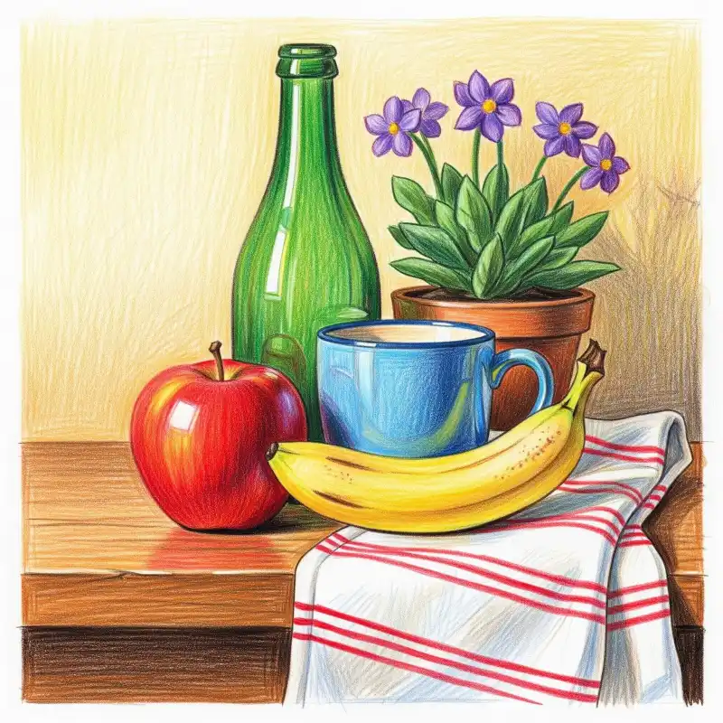 Tranh tĩnh vật chai, cây, cốc, chuối, táo