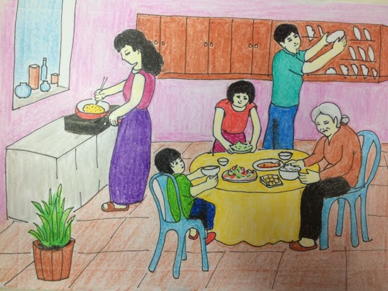 Em vẽ bữa cơm gia đình ấm cúng và hạnh phúc
