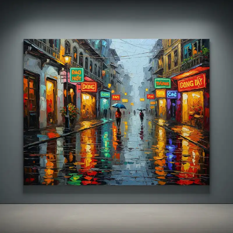 Tranh Phố Cổ Hà Nội phố đêm mưa, đèn neon rực rỡ.