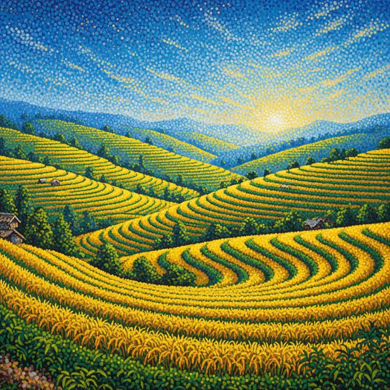 98+ Tranh ruộng bậc thang mùa lúa chín - Ý nghĩa phong thủy 45 Tranh ruộng bậc thang mùa lúa chín ruộng lúa chín chấm bi
