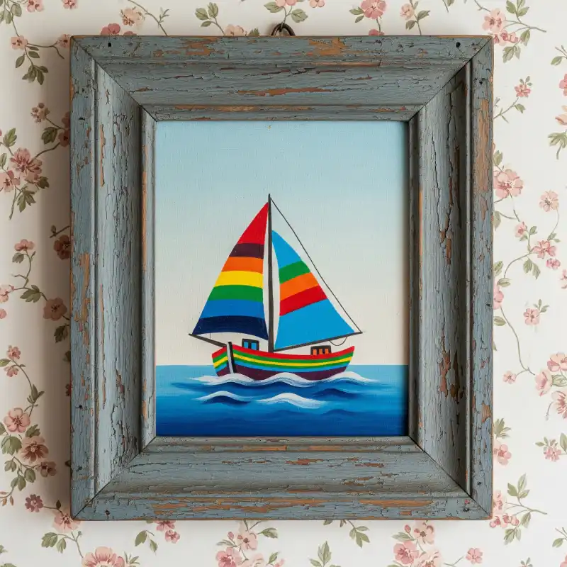 Tranh Thuận Buồm Xuôi Gió thuyền buồm cầu vồng trên biển xanh.