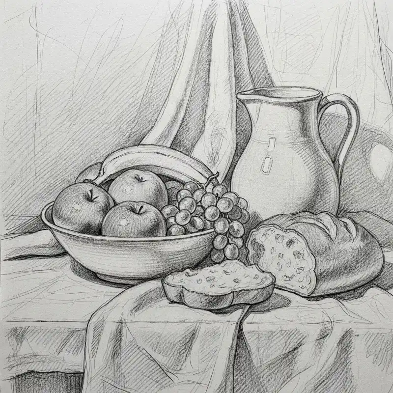 Tranh tĩnh vật hoa quả, bánh mì, bình gốm