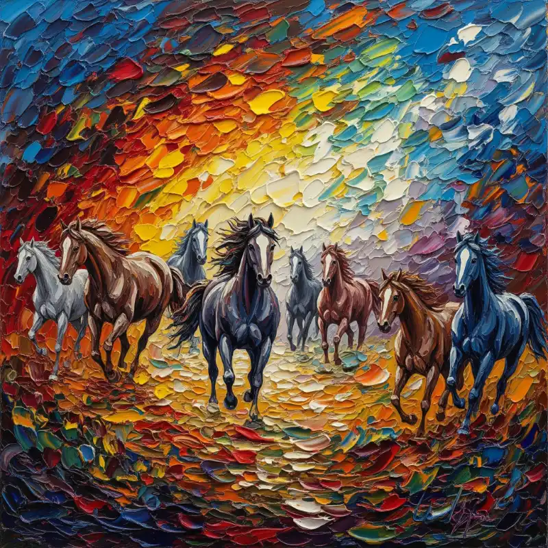 Ý nghĩa tranh Mã Đáo Thành Công cách treo thu hút tài lộc 39 Tranh Mã Đáo Thành Công đàn ngựa phi trong xoáy màu rực rỡ