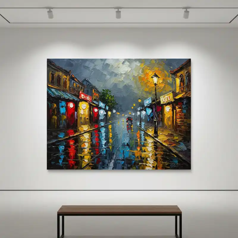 Tranh Phố Cổ Hà Nội đêm phố vắng, ánh đèn phản chiếu.