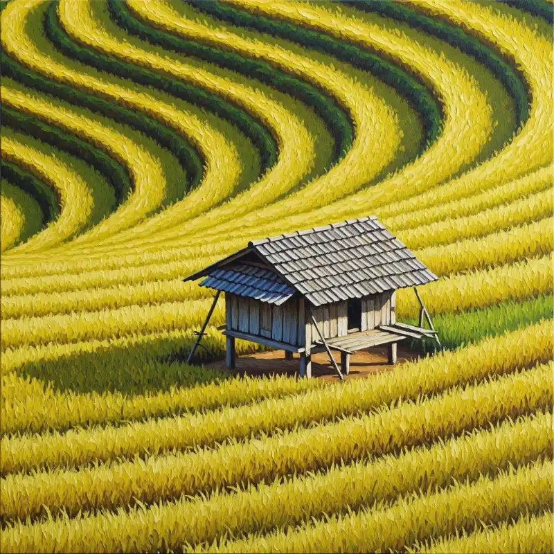 98+ Tranh ruộng bậc thang mùa lúa chín - Ý nghĩa phong thủy 46 Tranh ruộng bậc thang mùa lúa chín ngôi nhà nhỏ giữa đồng lúa