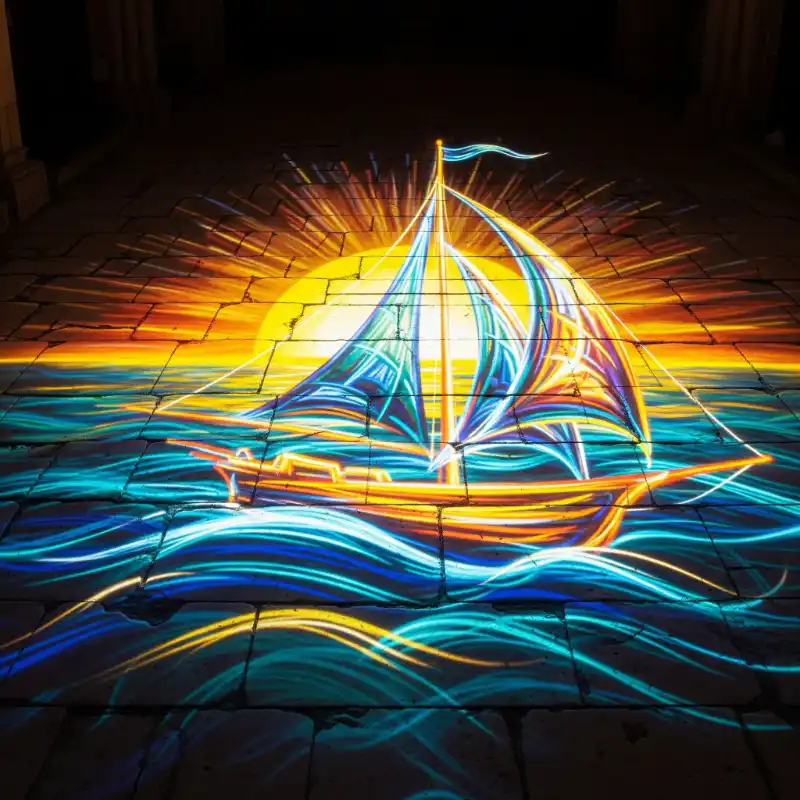 Tranh Thuận Buồm Xuôi Gió thuyền buồm phát sáng giữa bình minh.