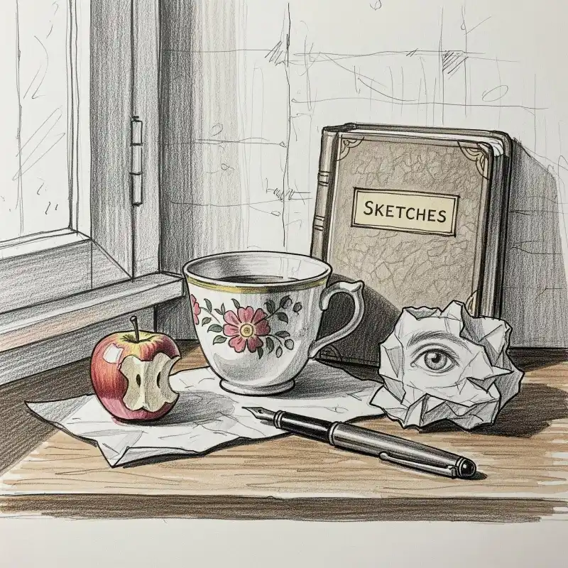 Tranh tĩnh vật táo, tách trà, sổ, bút