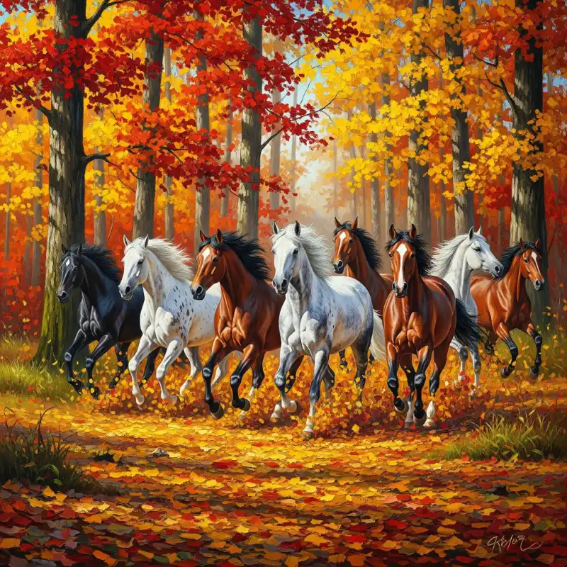 Ý nghĩa tranh Mã Đáo Thành Công cách treo thu hút tài lộc 40 Tranh Mã Đáo Thành Công đàn ngựa phi trong rừng thu