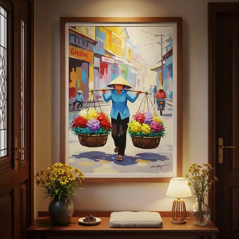 Tranh Phố Cổ Hà Nội người phụ nữ gánh hoa trên phố.