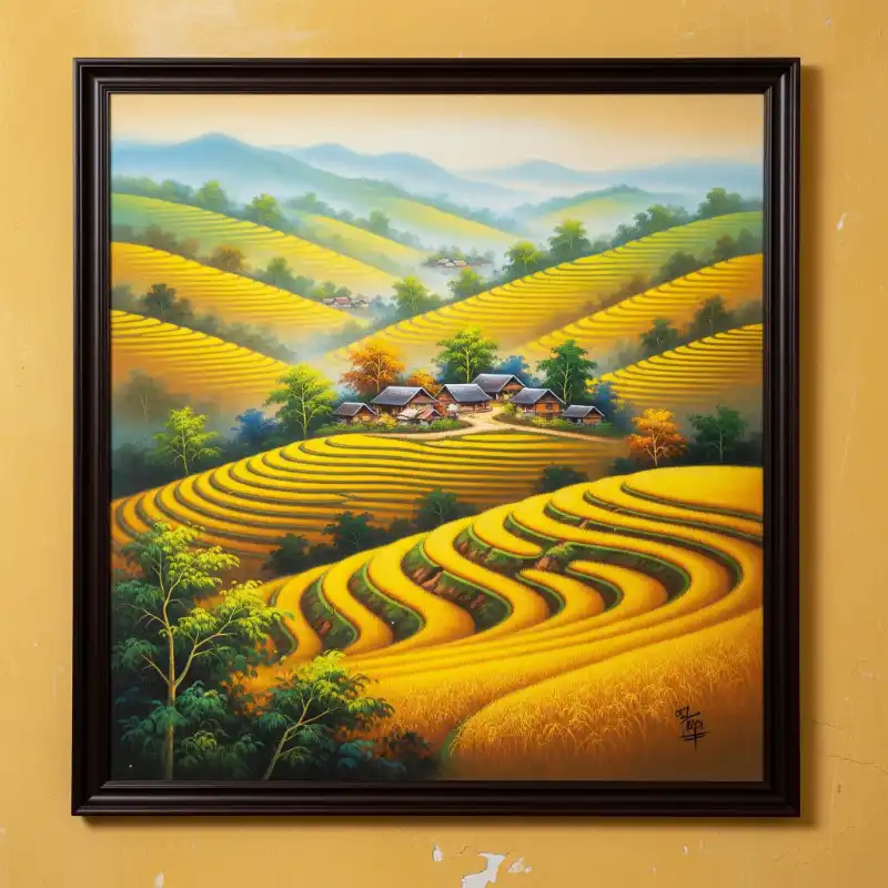 98+ Tranh ruộng bậc thang mùa lúa chín - Ý nghĩa phong thủy 47 Tranh ruộng bậc thang mùa lúa chín làng bản giữa ruộng bậc thang