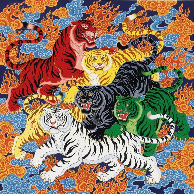 Tranh thờ năm hổ ngũ sắc mạnh mẽ