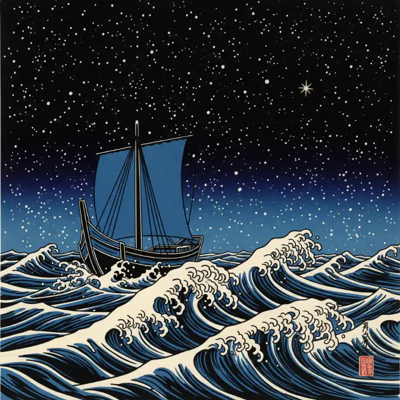 Tranh Thuận Buồm Xuôi Gió thuyền buồm vượt sóng dưới sao.