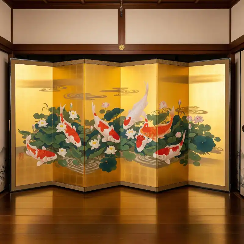 Tranh Cá Chép bình phong vàng, Cá Chép và hoa sen.