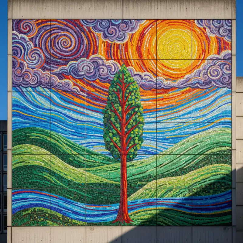 Tranh mosaic cây xanh, mặt trời, phong cảnh