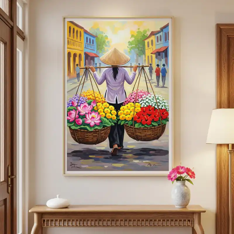 Tranh Phố Cổ Hà Nội người gánh hoa, sắc màu tươi tắn.
