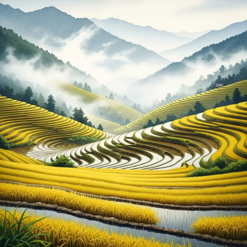 98+ Tranh ruộng bậc thang mùa lúa chín - Ý nghĩa phong thủy 48 Tranh ruộng bậc thang mùa lúa chín ruộng bậc thang nước, sương núi