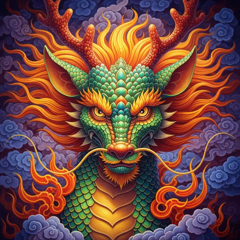Tranh thờ đầu rồng xanh lửa rực rỡ