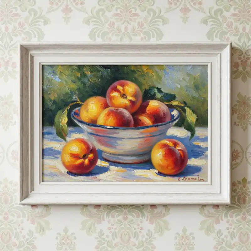 Tranh tĩnh vật đĩa đào chín mọng dưới nắng