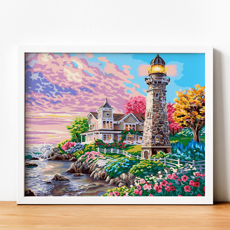 99+ Mẫu tranh số hóa treo tường đẹp, độc đáo và ấn tượng 15 Tranh số hóa khung trắng với hình ảnh hải đăng và ngôi nhà ven biển lãng mạn, màu sắc rực rỡ.